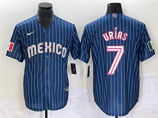 Men's Mexico Baseball #7 Julio Urías 2023 Navy World Baseball With Patch Classic Stitched Jersey